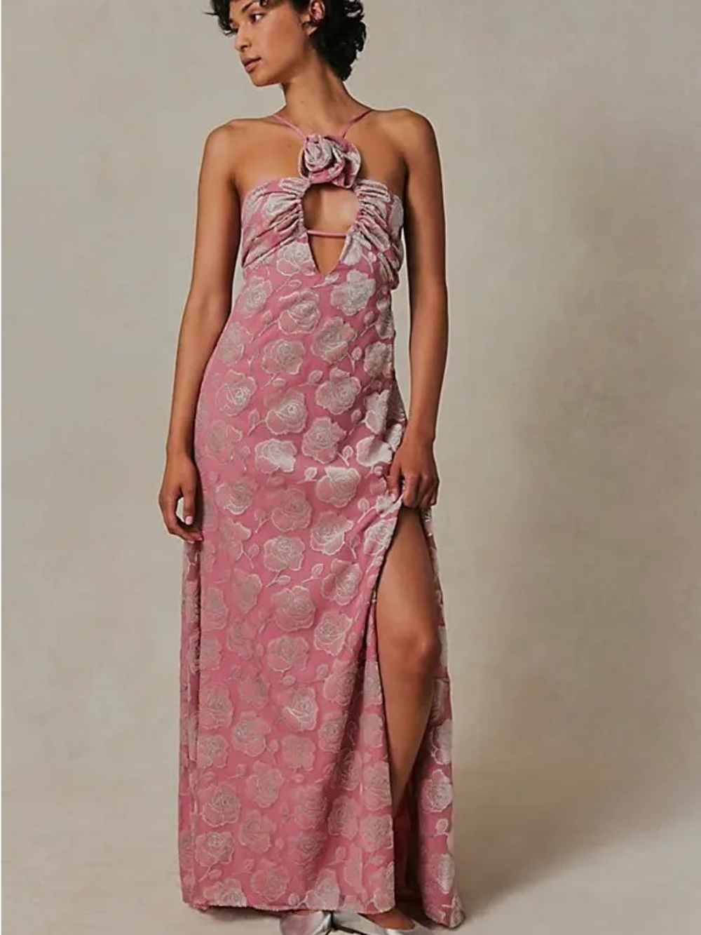 NWT For Love and Lemons Pink Velvet Floral Rosette Raya Maxi Dress S